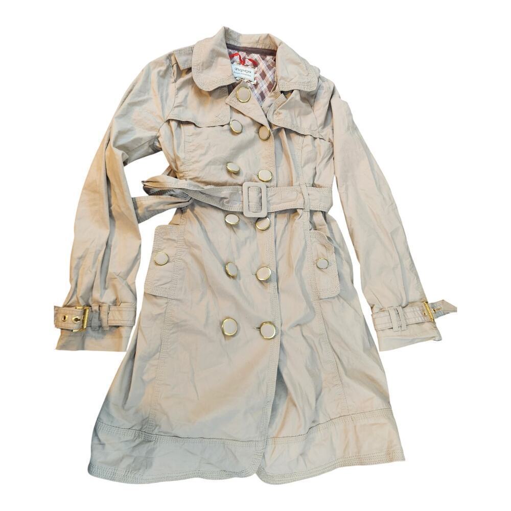 Papaya womens trench coat jacket tan gold‎ trim sz large belt